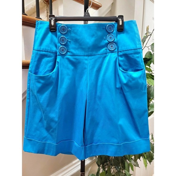 Ashley Stewart Women Solid Blue Cotton Mid Rise Buttons Front Casual Shorts 18W - Picture 2 of 10